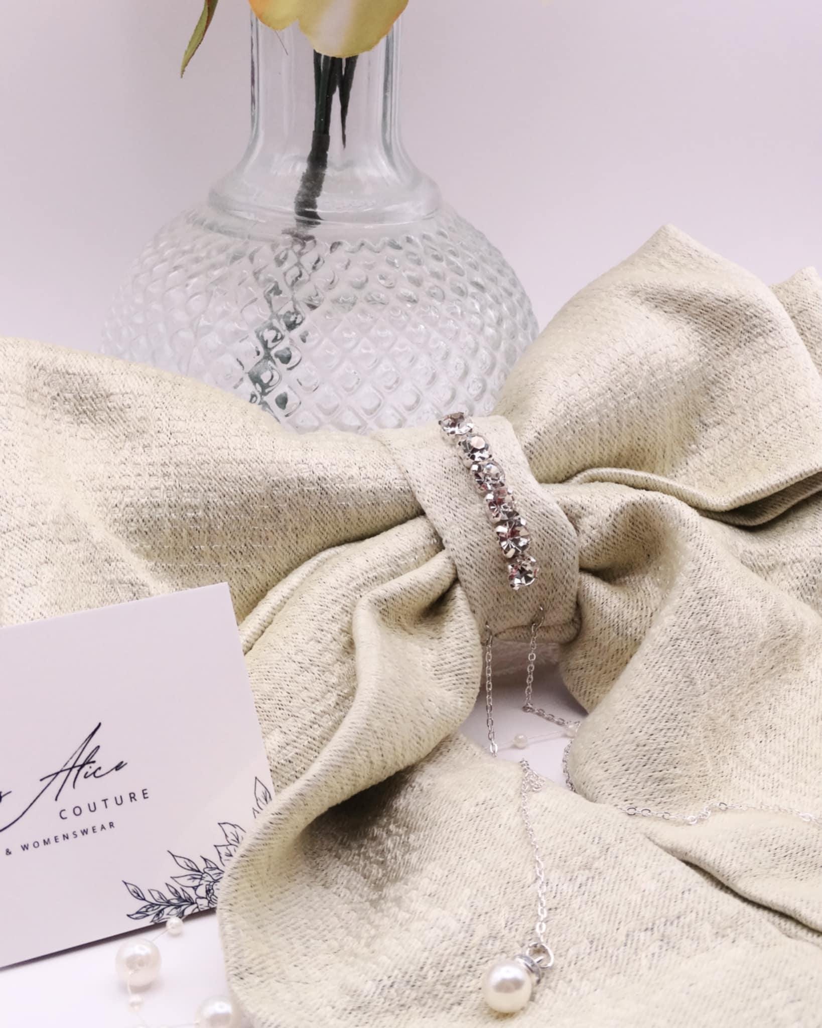 Faye Sage Green Hair Bow | Beaded Bow with Pearls & Diamanté