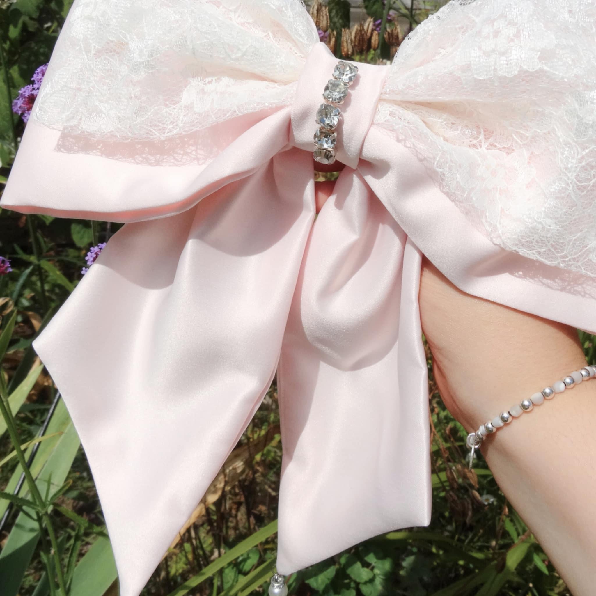 Estrella Pink Hair Bow | Lace & Pearl Bow with Diamanté