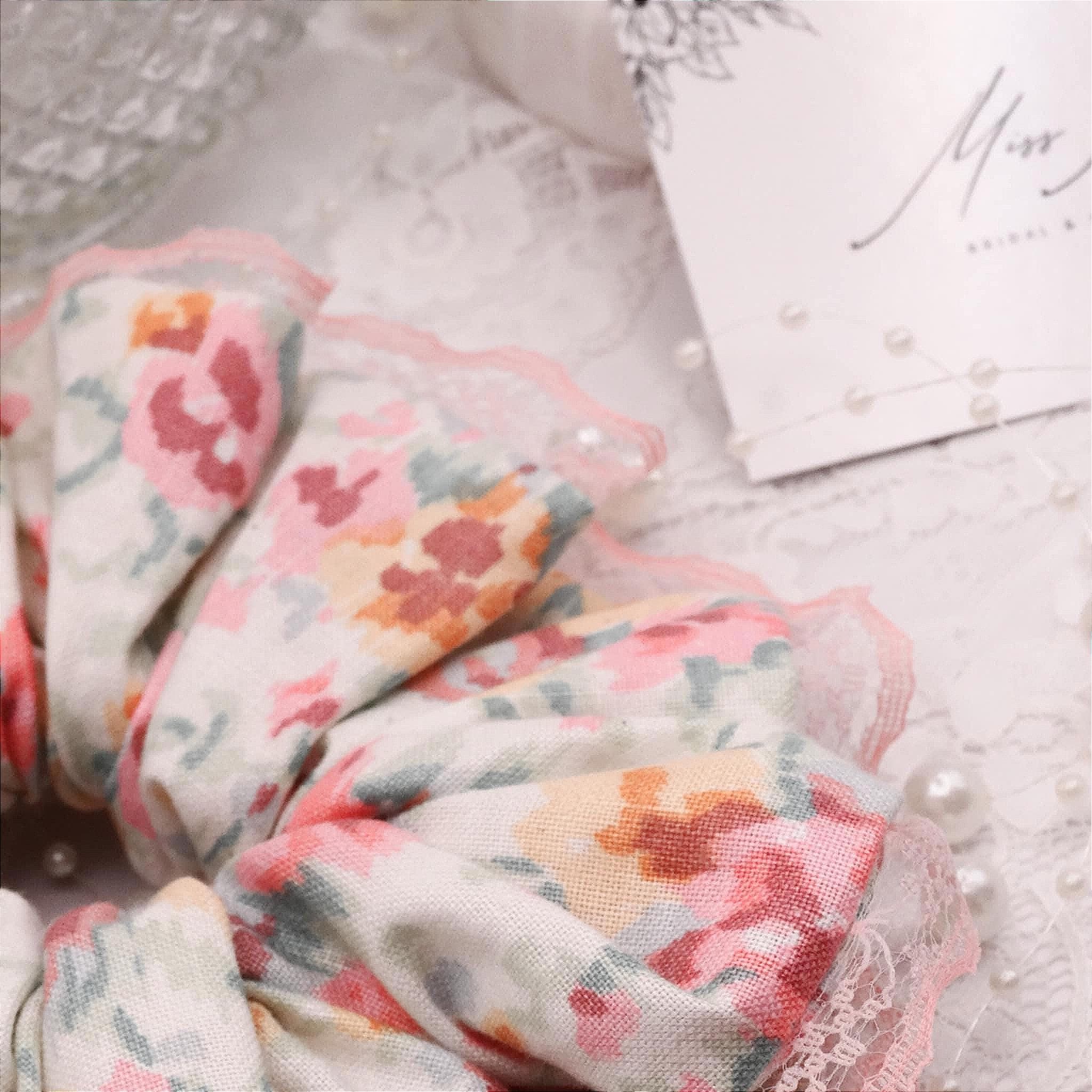 Lydia Cotton Floral Scrunchie | Soft Beige, Cream Pink & Pastel Accents with Lace