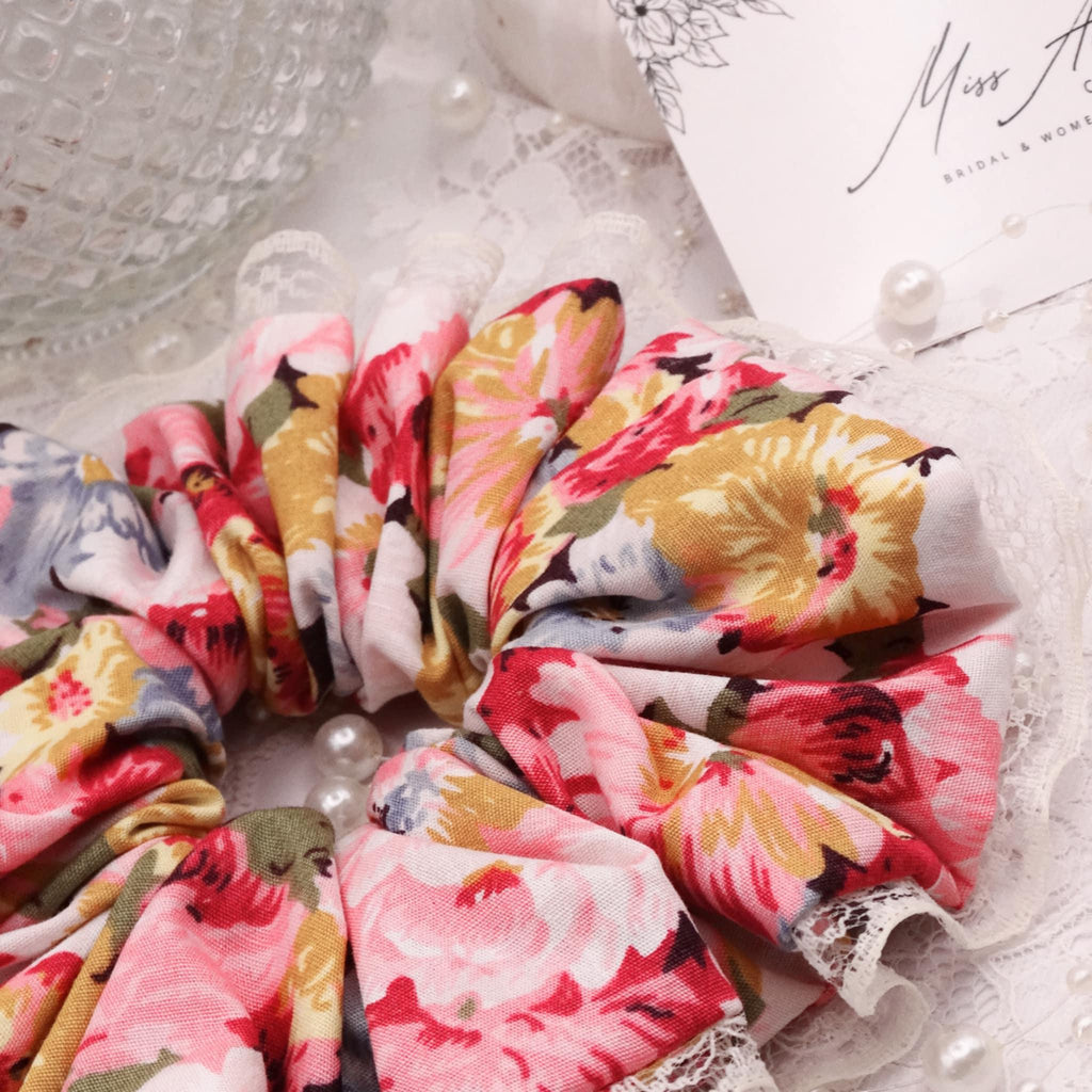 Mae Cotton Floral Scrunchie | Soft Pink & Pastel Mix with Lace Trim