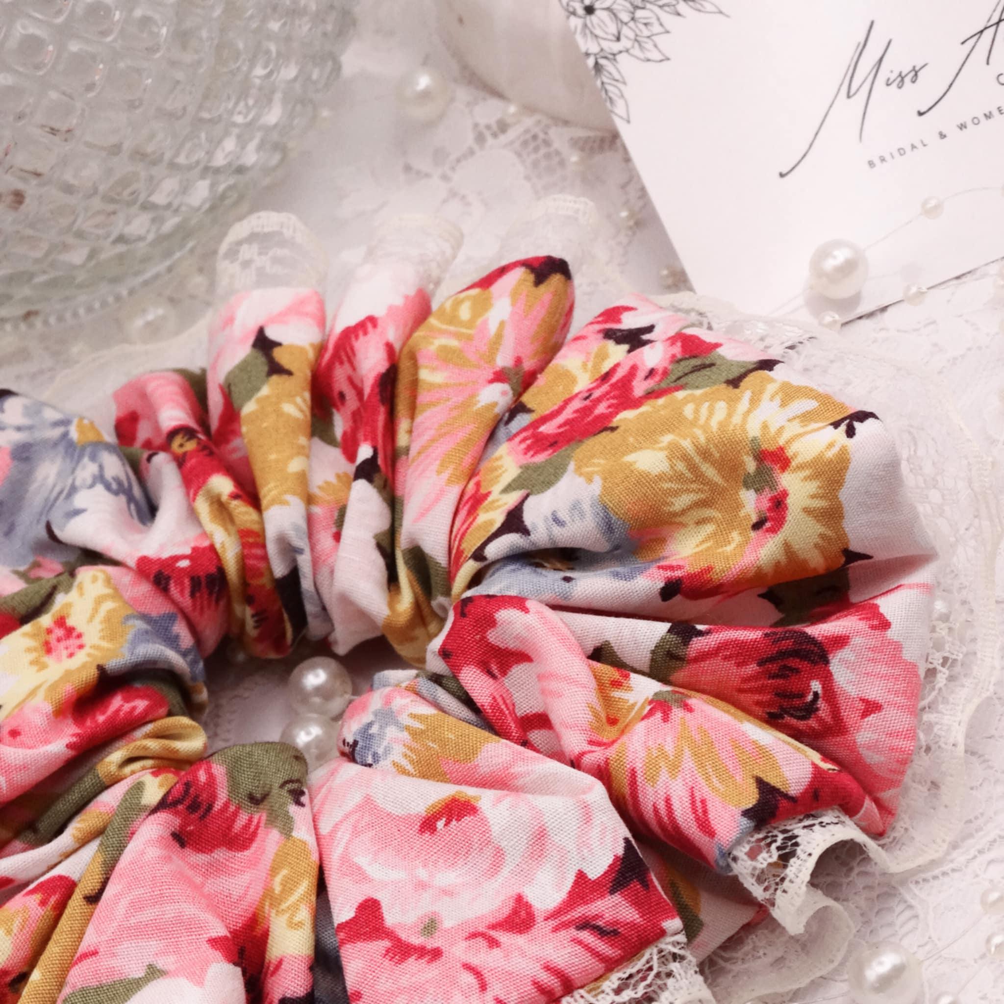 Mae Cotton Floral Scrunchie | Soft Pink & Pastel Mix with Lace Trim