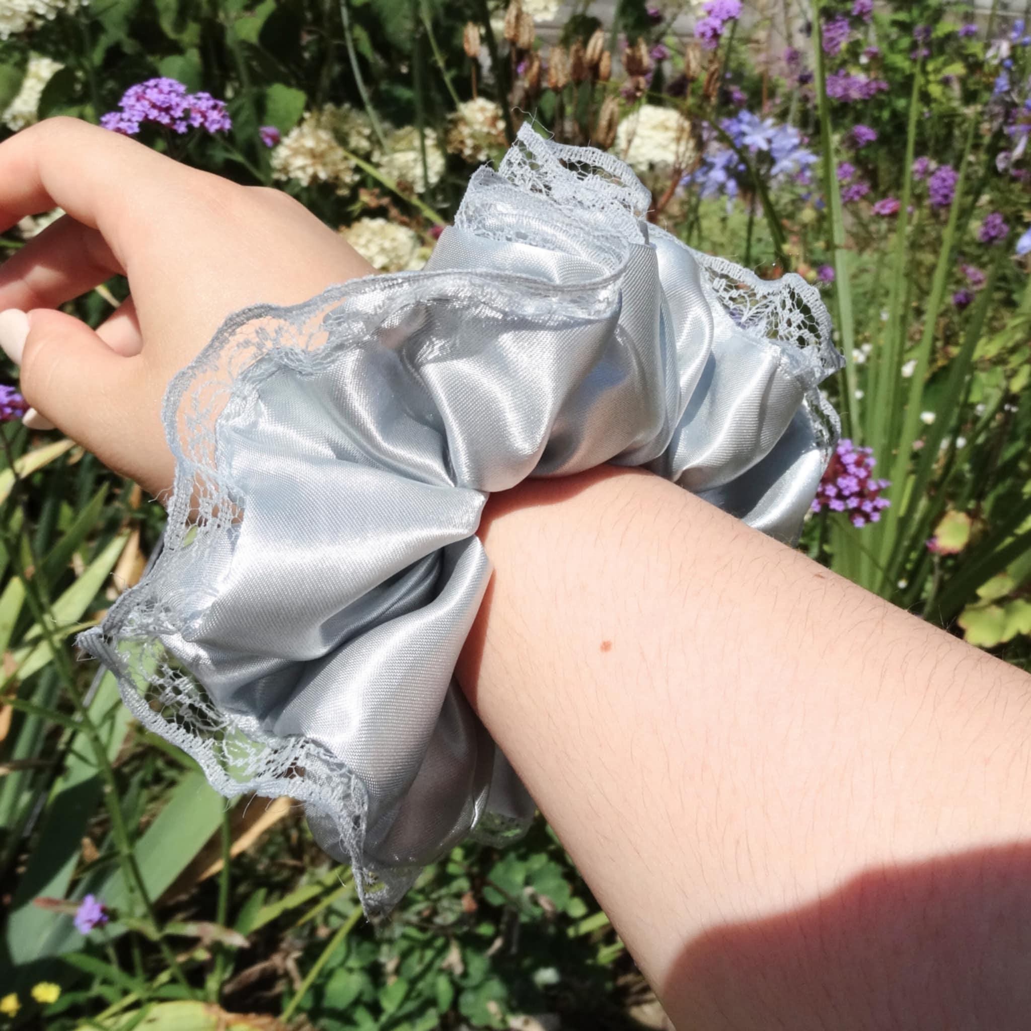 Willow Satin Scrunchie | Delicate Teal Blue Grey with Lace Trim