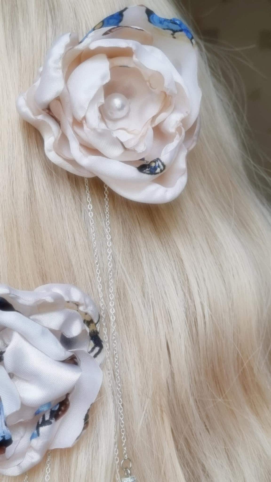 Rosaline Satin Flower Hair Clip with Hanging Pearl Chain | Pink Hair Accessory