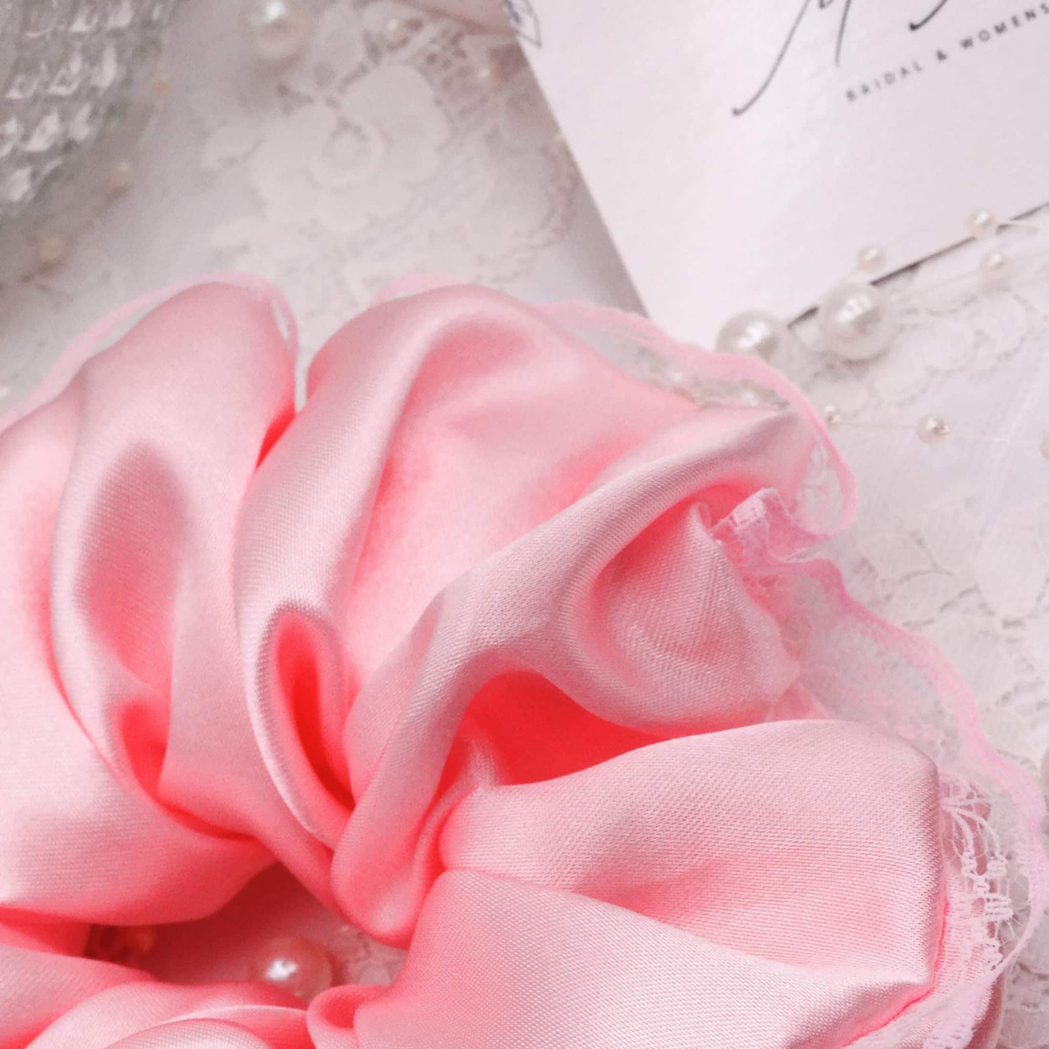 Blossom Satin Scrunchie | Delicate Pink with Lace Trim