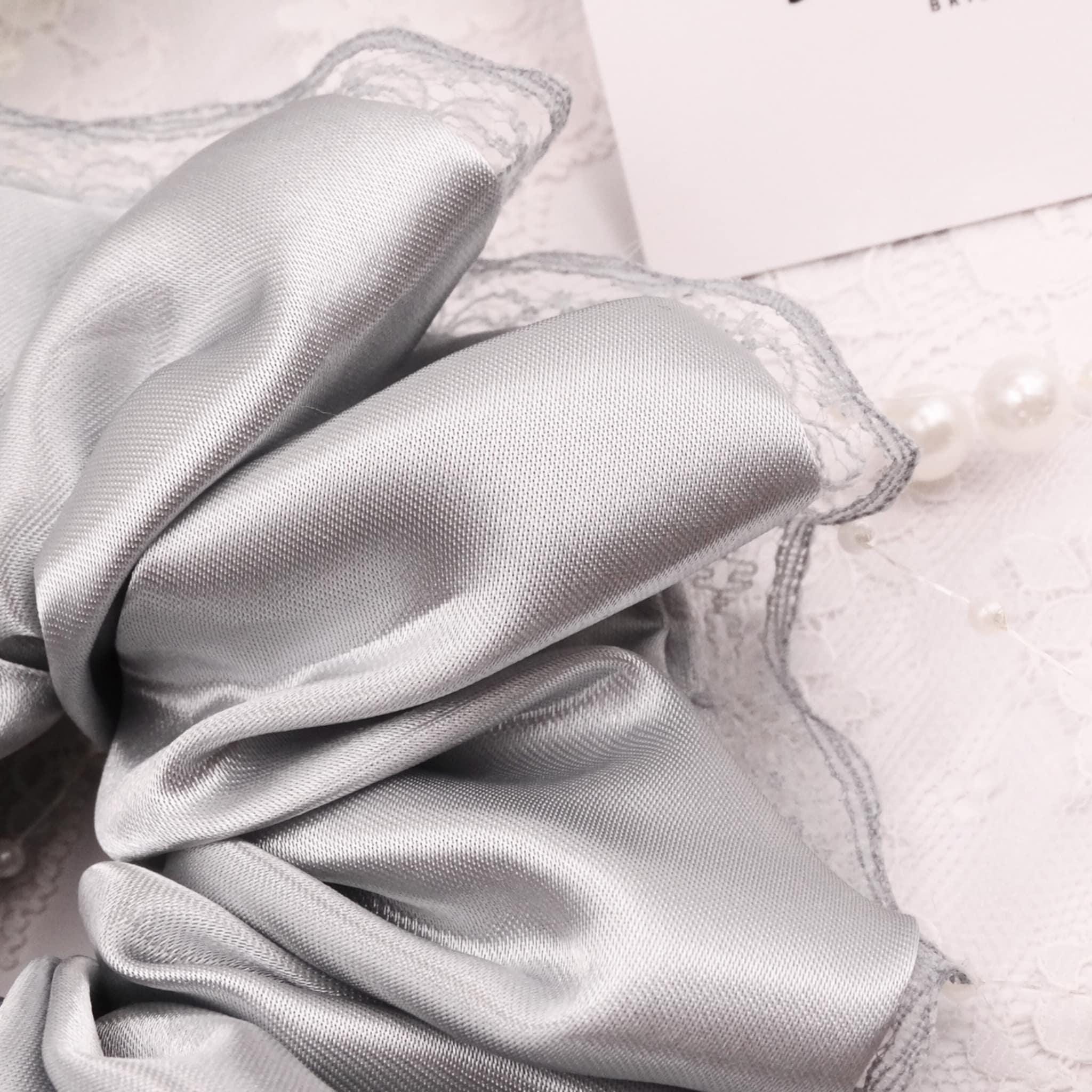 Willow Satin Scrunchie | Delicate Teal Blue Grey with Lace Trim