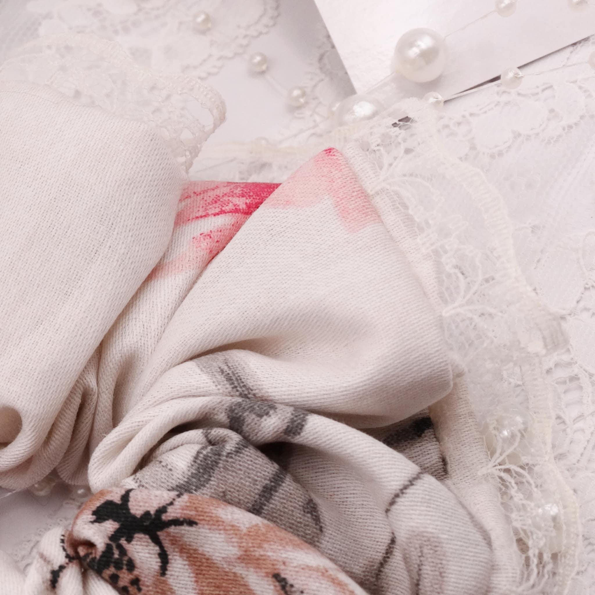 Layla Cotton Scrunchie |  Soft Beige Cream Pink with Lace Trim