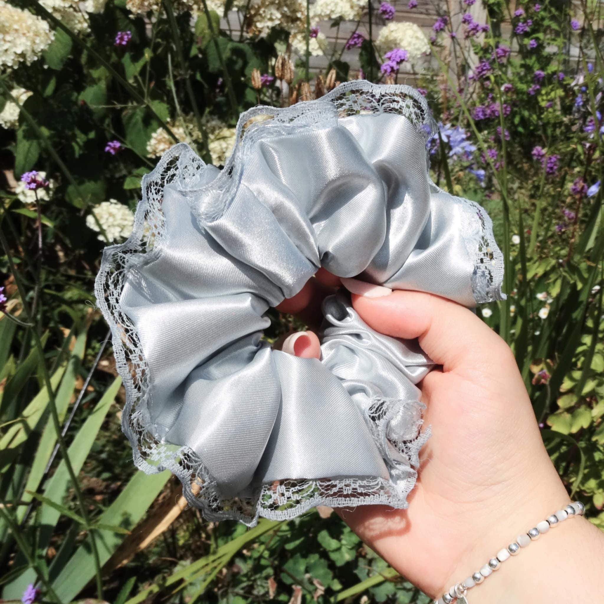 Willow Satin Scrunchie | Delicate Teal Blue Grey with Lace Trim