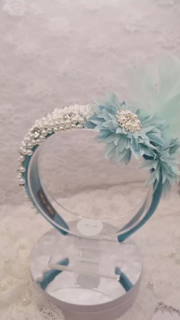 Teal Blue Pearl Feather Headband | Handmade Crystal Floral Hairpiece | Statement Occasion Headband | Timeless Elegance | Ladies Day