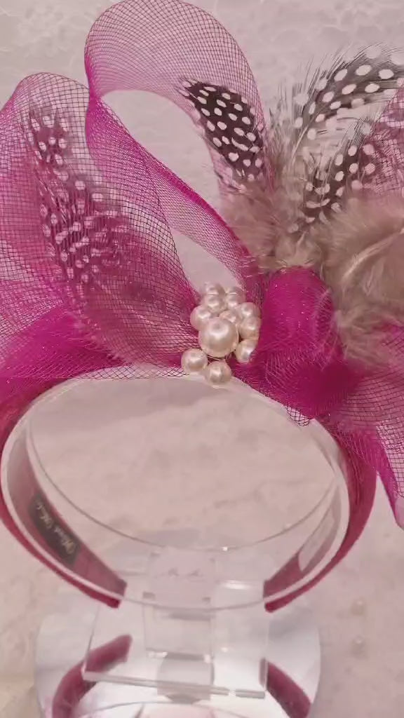 Plum Pink Pearl Headband with Feathers | Handmade Luxury Hair Accessory | Polka Dot & Abstract Detail | Occasion Piece