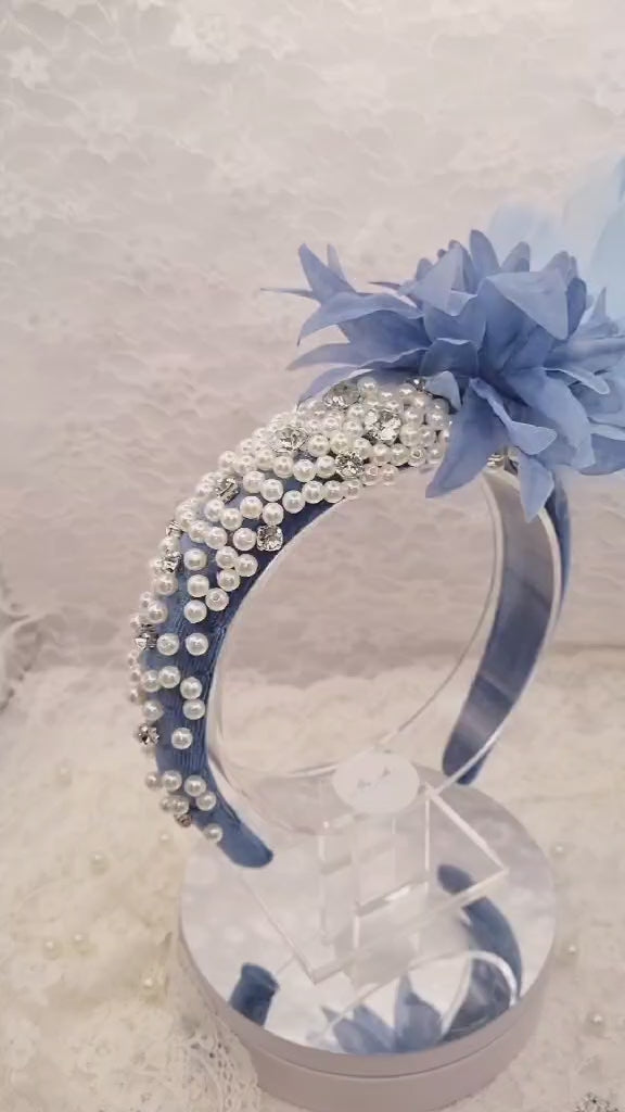 Blue Pearl Feather Headband | Handmade Pearl & Crystal Hairpiece | Elegant Occasion Headband | Vintage Inspired Style | Ladies Day