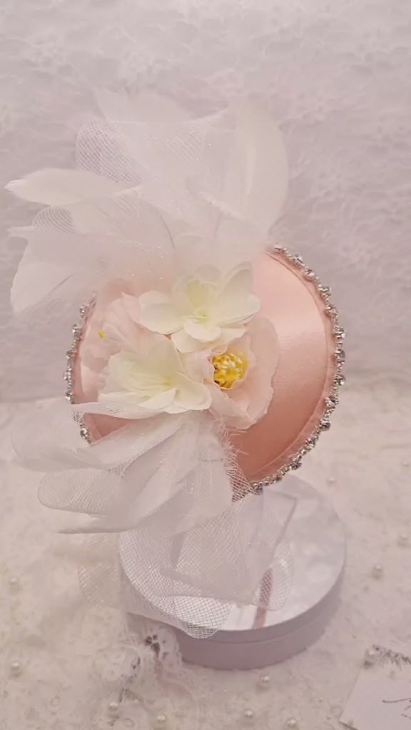 Light Pink Satin Fascinator Headband | Handmade Floral Hair Accessory | Diamond Trim Detail | Bridal & Occasion Statement Style